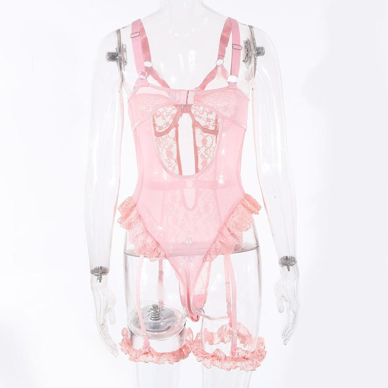 Pink Cute Sexy Lace Teddy Lingerie Set Back View
