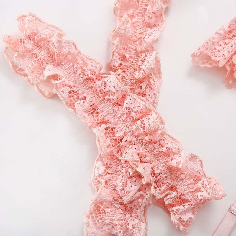 Pink Cute Sexy Lace Teddy Lingerie Set Leg Ring Details