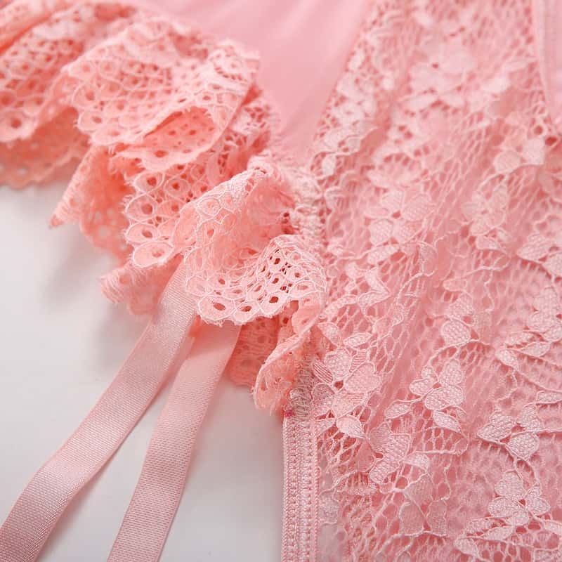 Pink Cute Sexy Lace Teddy Lingerie Set Ruffled Details