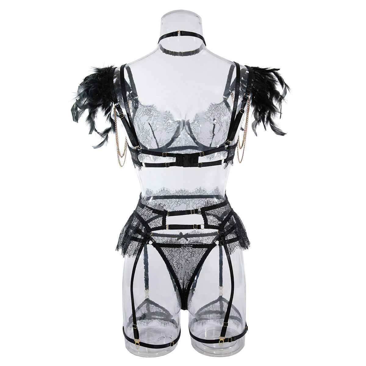 Wholesale Black Sexy Lace Bra and Panties Set with Feather Details Back View