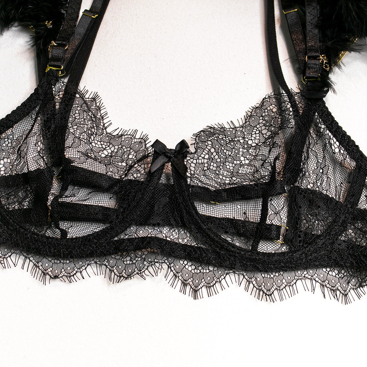Wholesale Black Sexy Lace Bra and Panties Set with Feather Details Bra Back Details