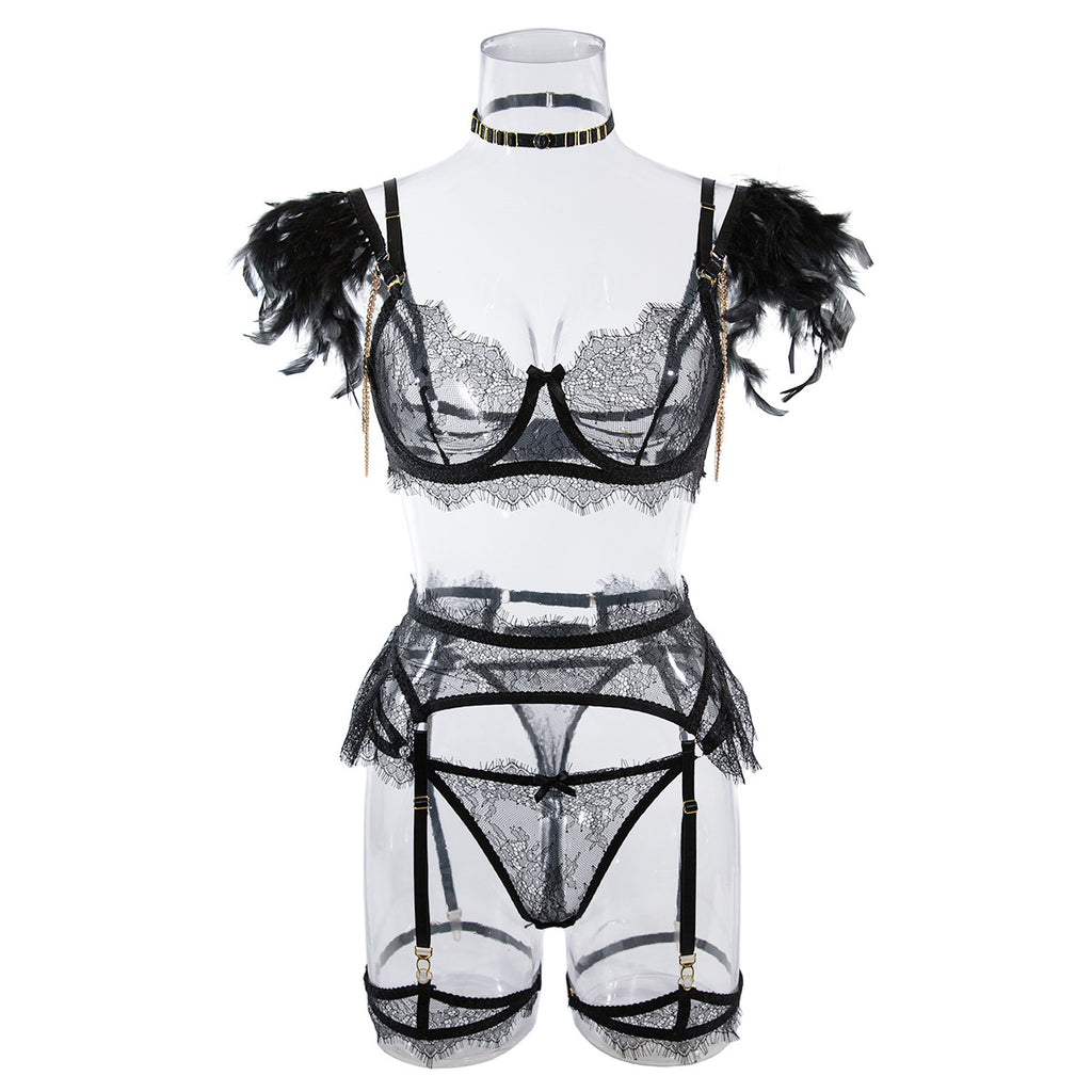Wholesale Black Sexy Lace Bra and Panties Set with Feather Details Front View