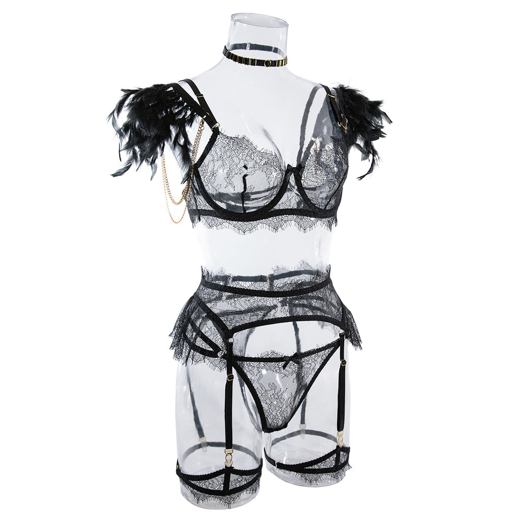 Wholesale Black Sexy Lace Bra and Panties Set with Feather Details Side View
