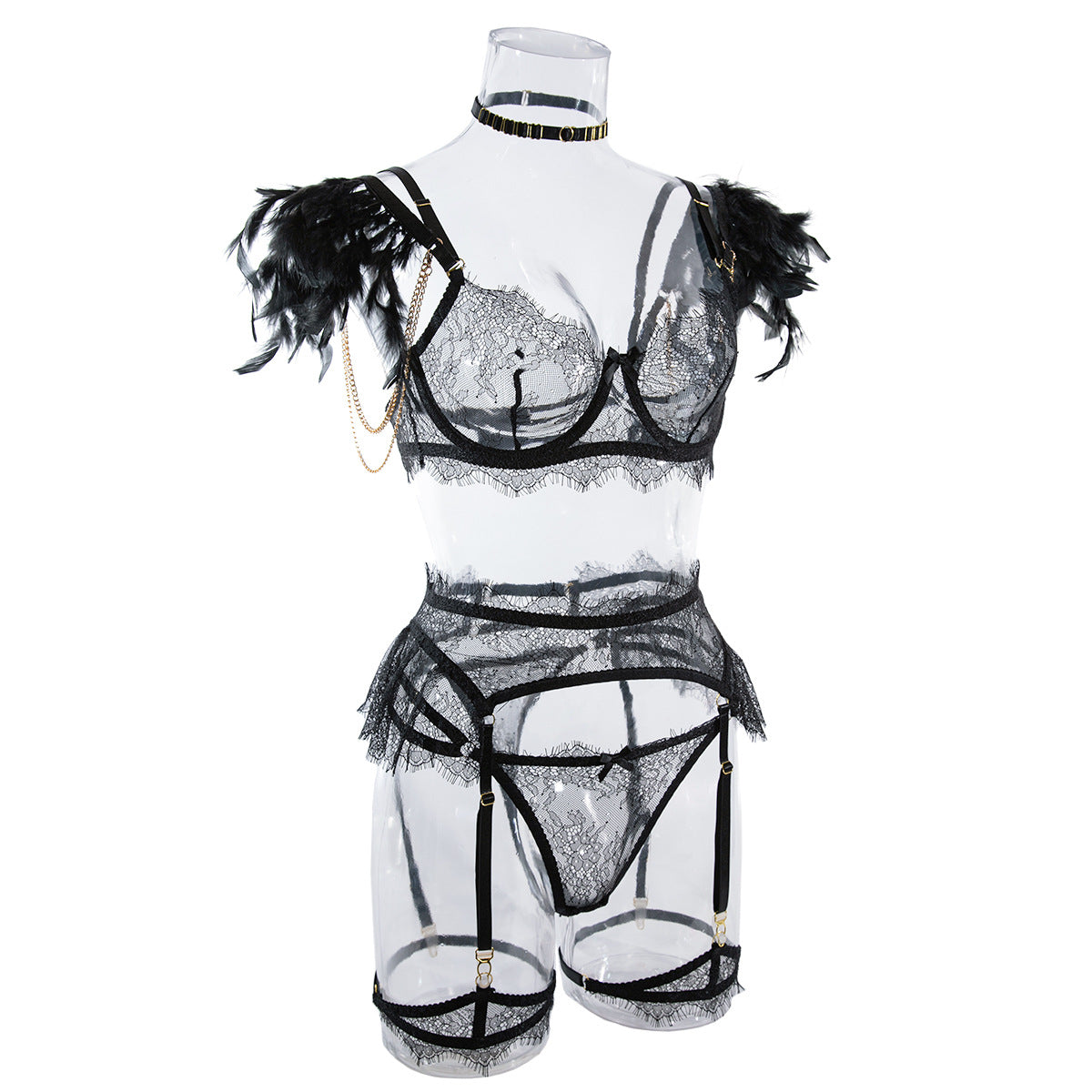 Wholesale Black Sexy Lace Bra and Panties Set with Feather Details Side View