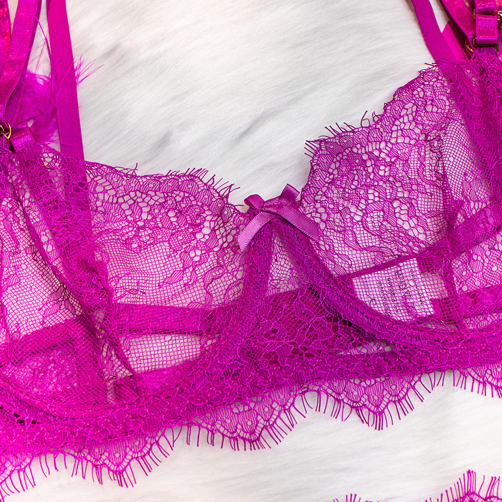 Wholesale HotPink Sexy Lace Bra and Panties Set with Feather Details Bra Show