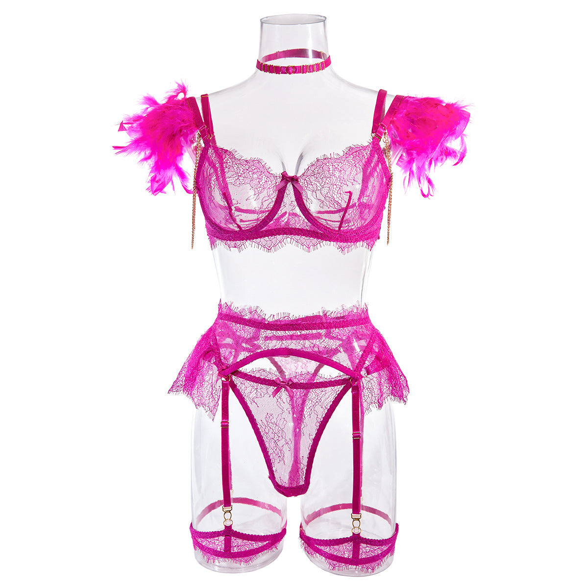 Wholesale HotPink Sexy Lace Bra and Panties Set with Feather Details Front View