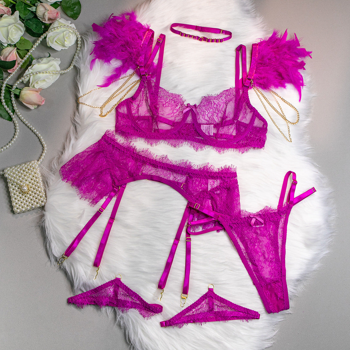 Wholesale HotPink Sexy Lace Bra and Panties Set with Feather Details Over View