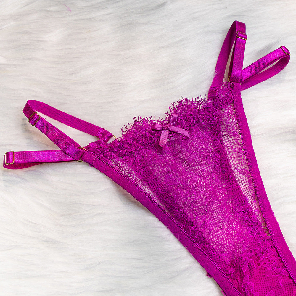Wholesale HotPink Sexy Lace Bra and Panties Set with Feather Details Panty Details