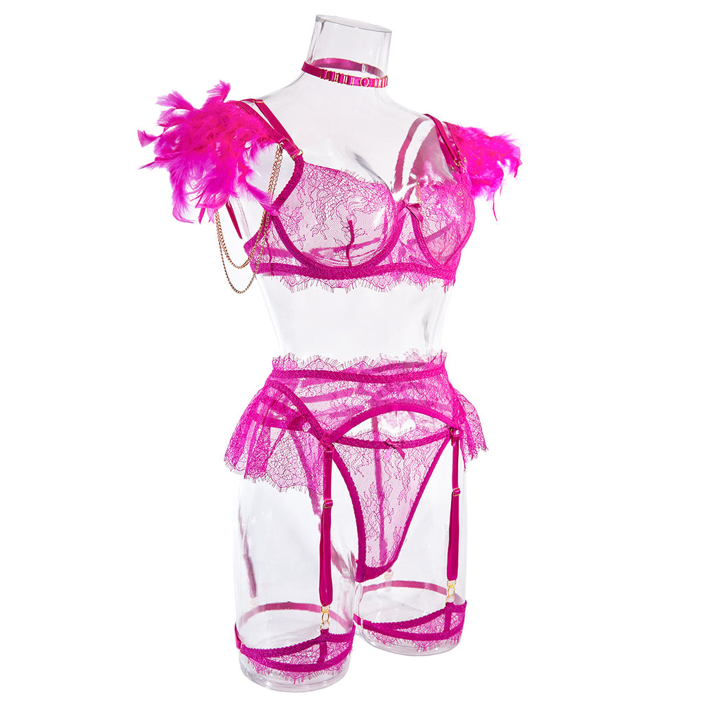 Wholesale HotPink Sexy Lace Bra and Panties Set with Feather Details Side View