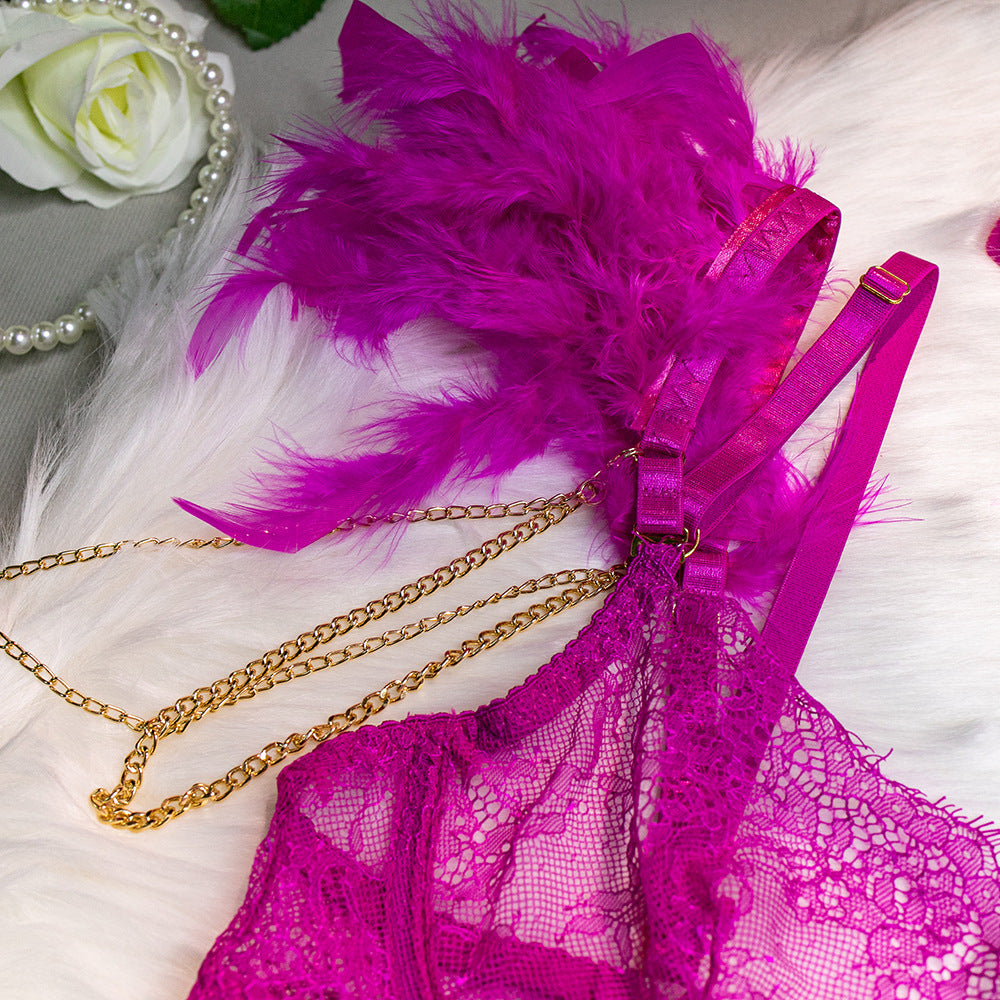 Wholesale HotPink Sexy Lace Bra and Panties Set with Feather Details Strapy Details