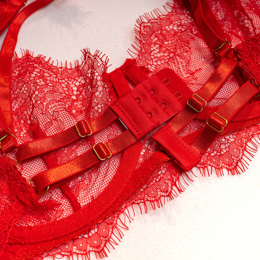 Wholesale Red Sexy Lace Bra and Panties Set with Feather Details Bra Back Details