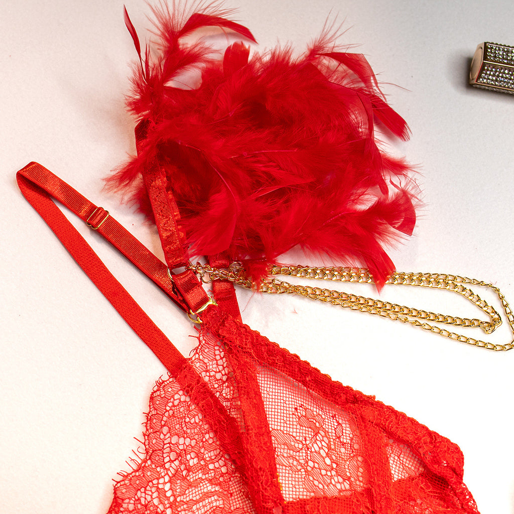 Wholesale Red Sexy Lace Bra and Panties Set with Feather Details Strapy Details