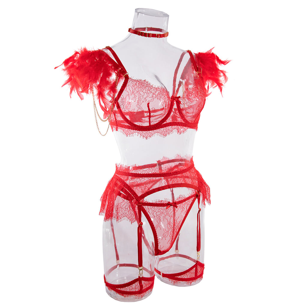 Wholesale Red Sexy Lace Bra and Panties Set with Feather Details ide View