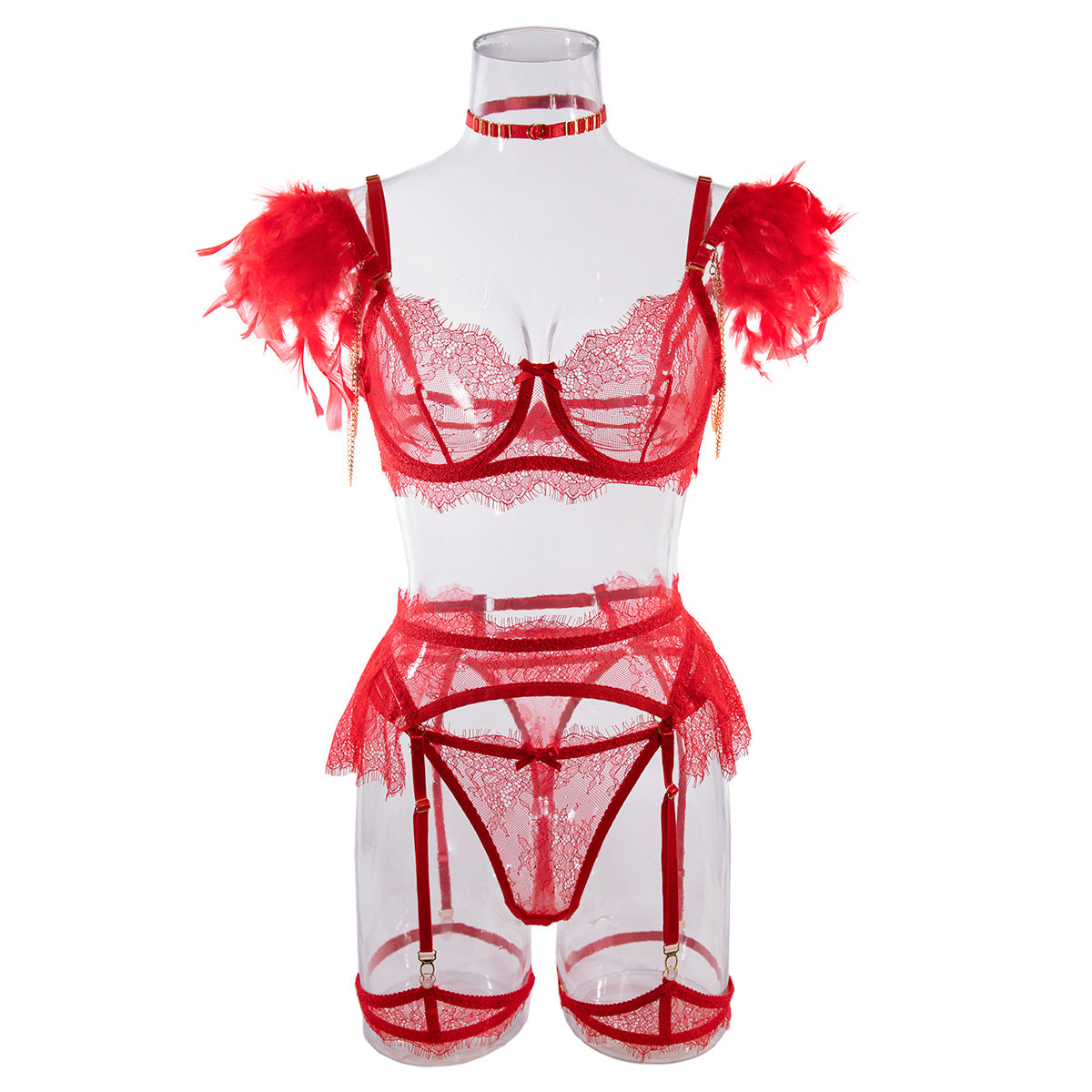 Wholesale Red Sexy Lace Bra and Panties Set with Feather Details. Front View