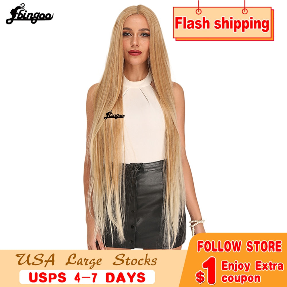 Fiber Long Straight Burgundy Patinum 613 Blonde  Synthetic Lace Front Wig Women's Middle Part Stylish Wig